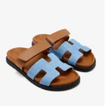 Hermès Chypre Denim & Calfskin Leather Sandal / Slipper - Light Blue Denim / Tan - Image 2