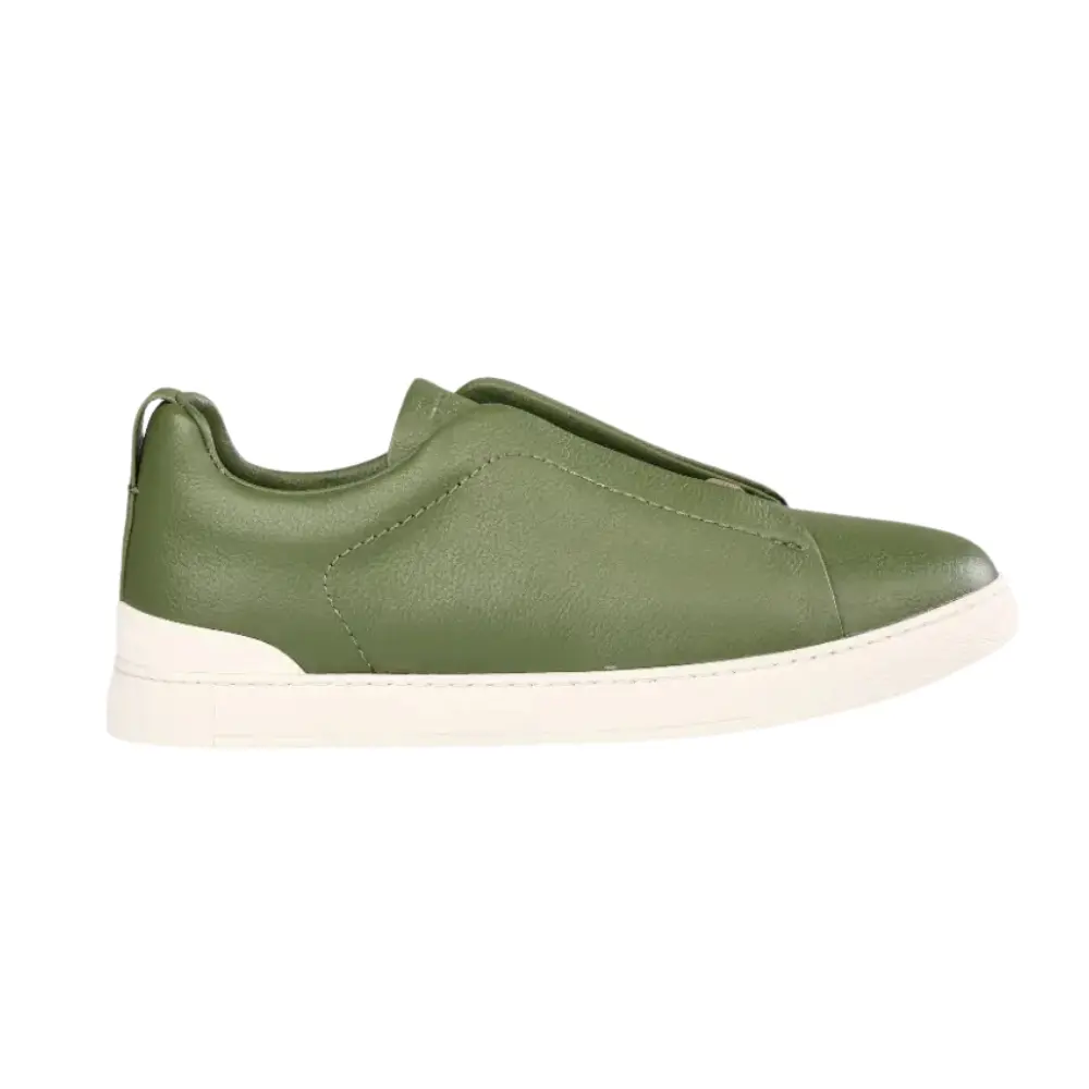 SMZG000100012-SHOES-ZEGNA-2026-1 Zegna Triple Stitch Leather Slip-On Sneakers (Olive Green) - Image 1
