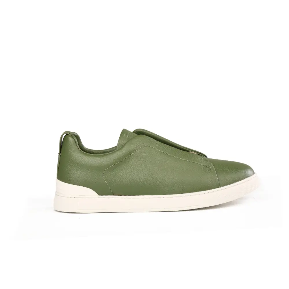 SMZG000100012-SHOES-ZEGNA-2026-1 Zegna Triple Stitch Leather Slip-On Sneakers (Olive Green) - Image 1