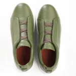 Zegna Triple Stitch Leather Slip-On Sneakers (Olive Green) - Image 4