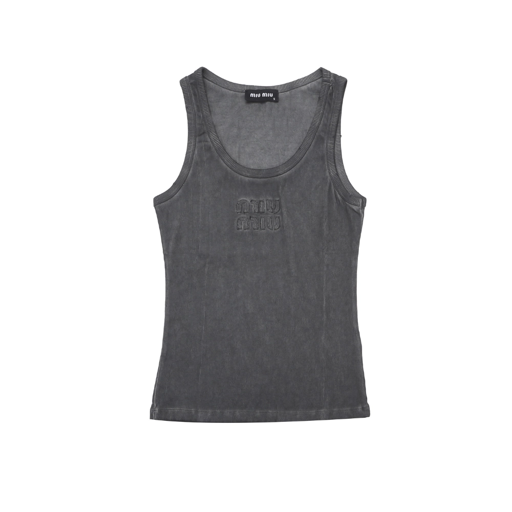 1109-T-SHIRT-MIU-MIU-Grey-1 Miu Miu Embroidered Ribbed Tank Top - Image 1