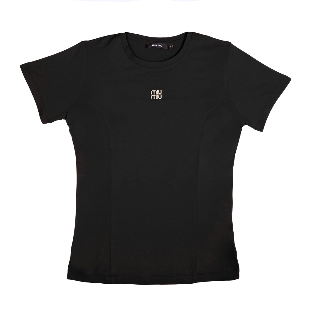 4017-T-SHIRT-MIU-MIU-Black-1 Miu Miu Logo Embroidered T-Shirt - Image 1