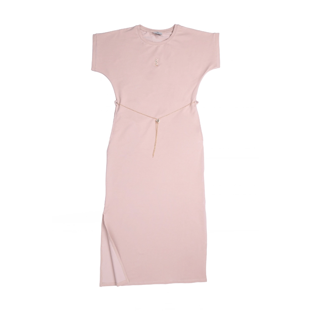 4180-DRESS-YSL-Beig-1 YSL Chain Belt Slit Midi Dress - Image 1
