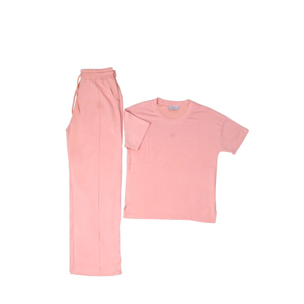 4289-SET-CHANEEL-Rose-1 Chanel Embellished Shoulder Tracksuit Set - Image 1
