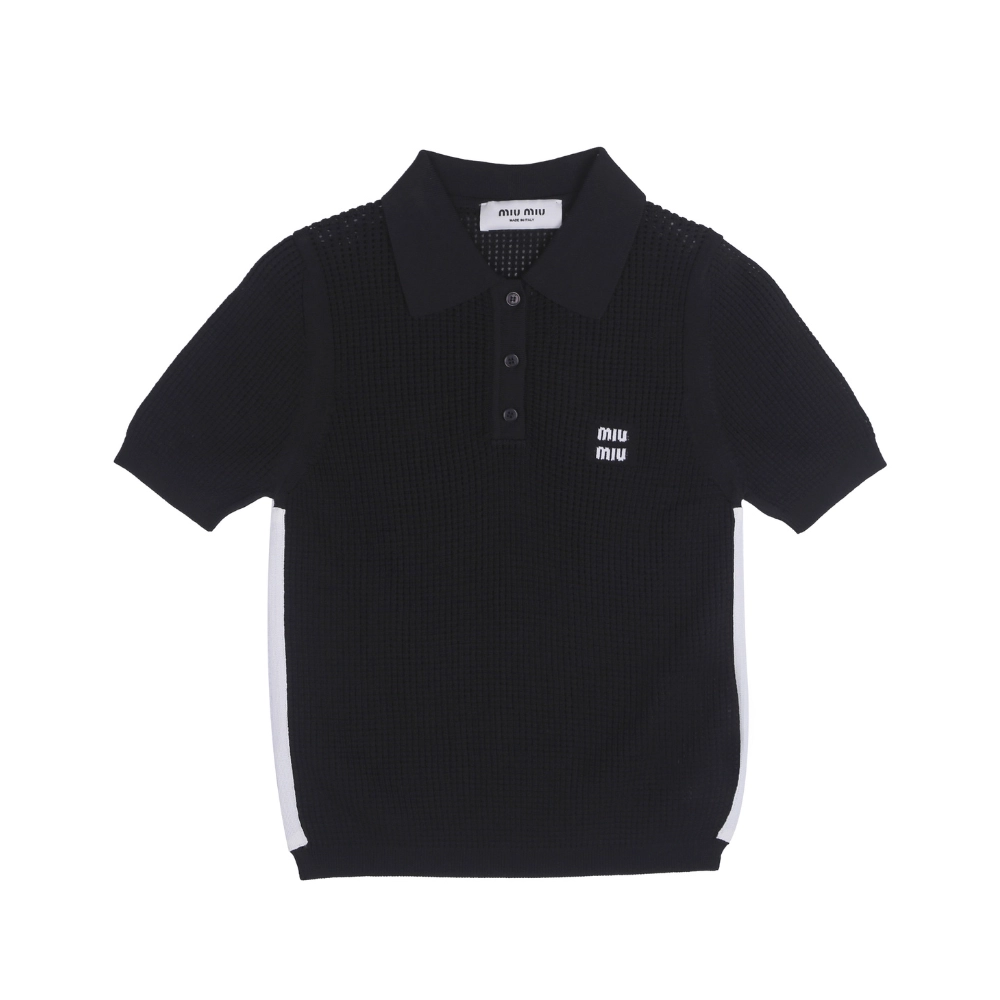 5023-T-SHIRT-MIU-MIU-Black-1 Miu Miu Ribbed Knit Polo Shirt - Image 1