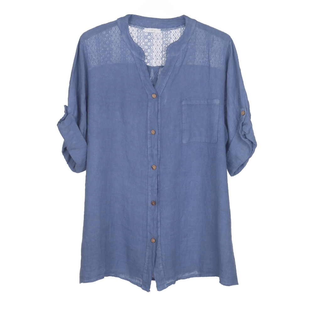 55030-SHIRT-SHINY-Indigo-1 Shiny Lace-Paneled Linen Button-Down Shirt - Image 1