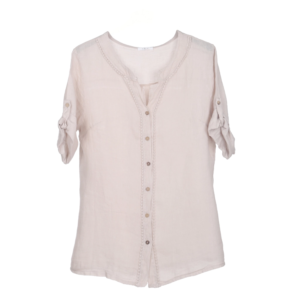 56700-SHIRT-SHINY-Beig-1 Shiny Embroidered Trim Linen Blouse - Image 1