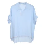 Shiny Embroidered Trim Linen Blouse - Image 3