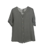 Shiny Embroidered Trim Linen Blouse - Image 4