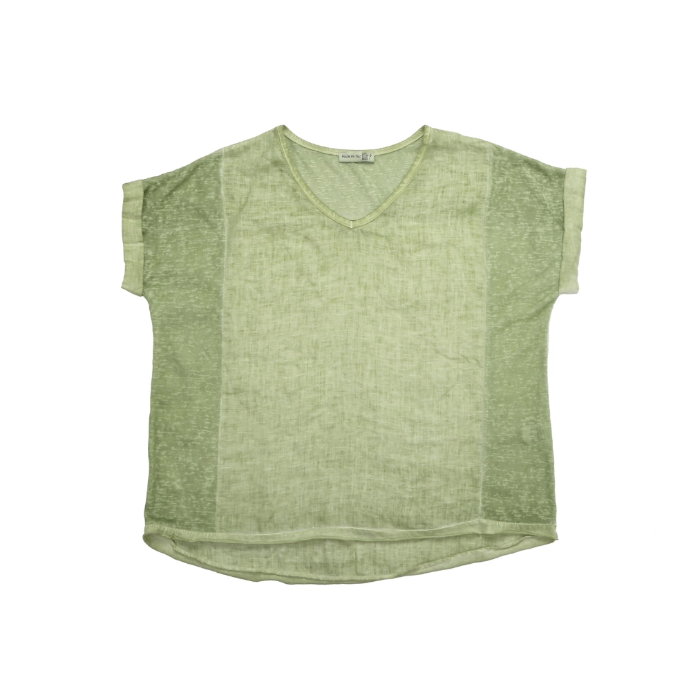 651-BLOUSE-LINO-Green-1 Linen V-Neck Blouse - Image 1