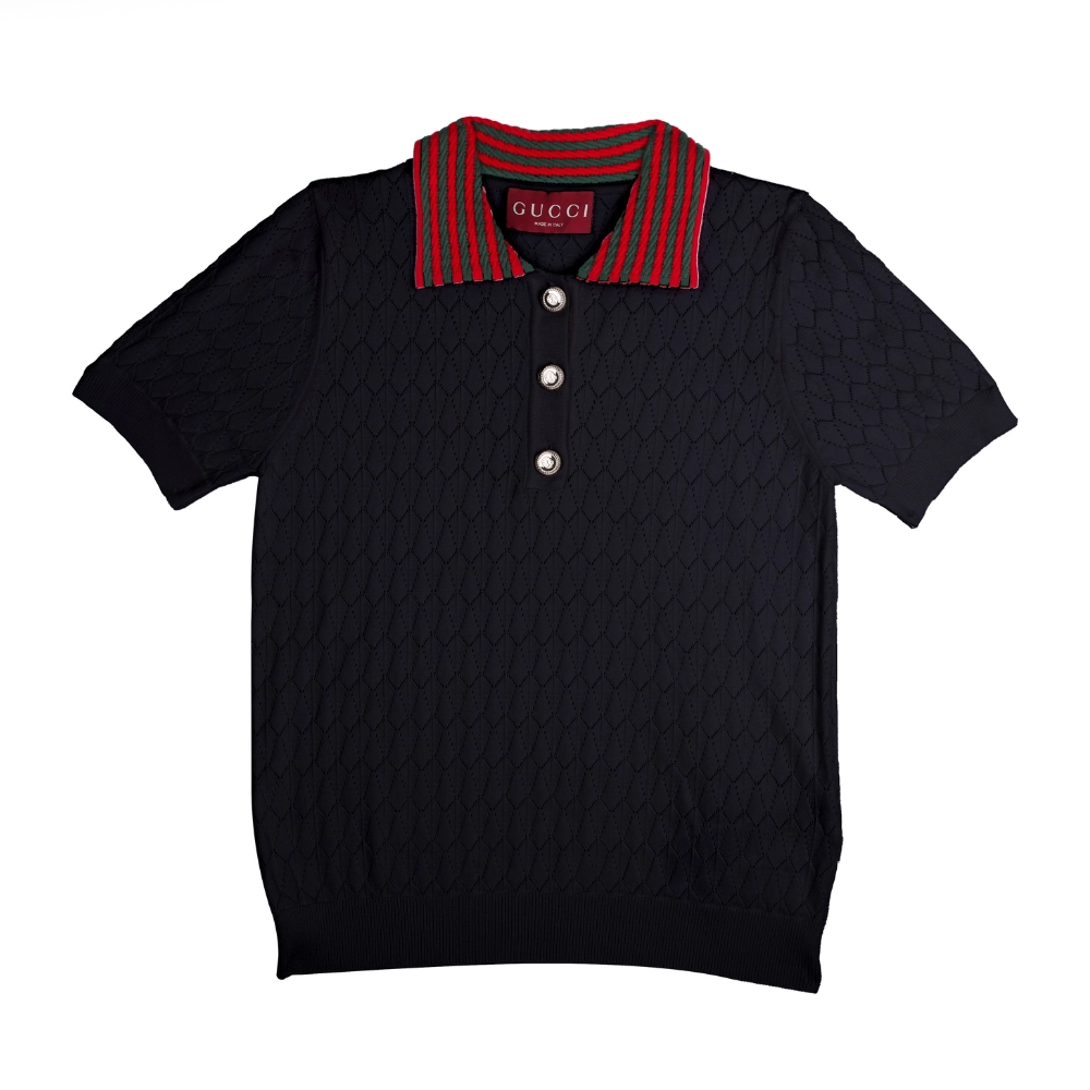 7053-T-SHIRT-GUCCI-Black-1 Gucci Striped Collar Knit Polo Shirt - Image 1