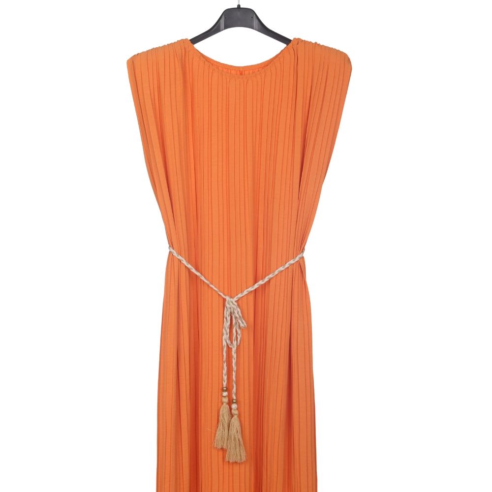 E350A-DRESS-CITY-FASHION-Orange-1 City Fashion Pleated Belted Maxi Dress - Image 1