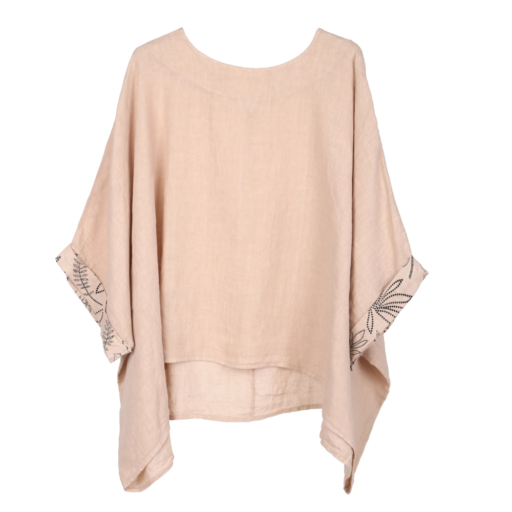 M12691-BLOUSE-GIOYA-Beig-1 Gioya Embroidered Cuf Linen Blouse - Image 1