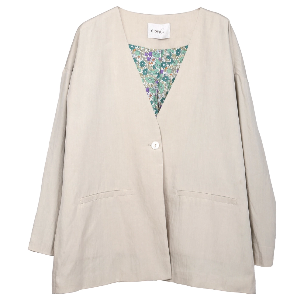 MD7416-JACKET-GIOYA-Beig-1 Gioya Floral-Lined Open-Front Jacket - Image 1