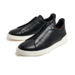 Zegna Triple Stitch Leather Low-Top Sneakers - Smooth Black / White Sole - Image 2