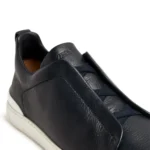 Zegna Triple Stitch Leather Low-Top Sneakers - Smooth Black / White Sole - Image 3