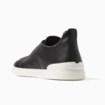 Zegna Triple Stitch Leather Low-Top Sneakers - Smooth Black / White Sole - Image 4