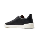 Zegna Triple Stitch Leather Low-Top Sneakers - Smooth Black / White Sole - Image 6