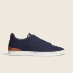 Zegna Triple Stitch Suede Low-Top Sneakers - Navy Blue / Gum Sole
