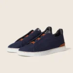 Zegna Triple Stitch Suede Low-Top Sneakers - Navy Blue / Gum Sole - Image 2
