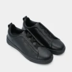 Zegna Triple Stitch Grain Leather Low-Top Sneakers - Triple Black - Image 2