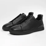 Zegna Triple Stitch Grain Leather Low-Top Sneakers - Triple Black - Image 3