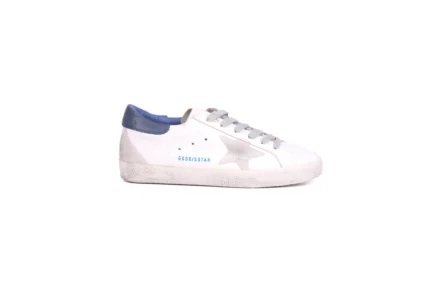 Golden Goose Super-Star Sneakers in White Leather with Blue Heel and Suede Star